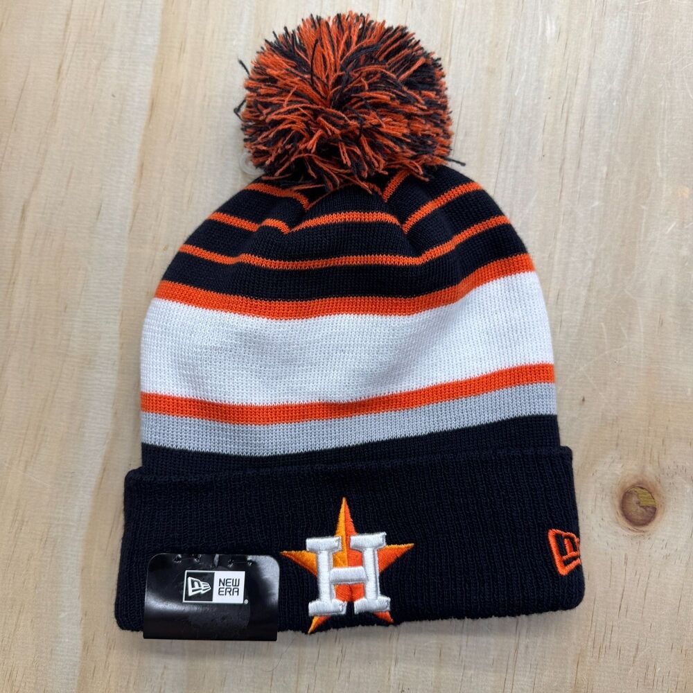 NEW Houston Astros New Era Striped Cuffed Knit Beanie Pom OSFM